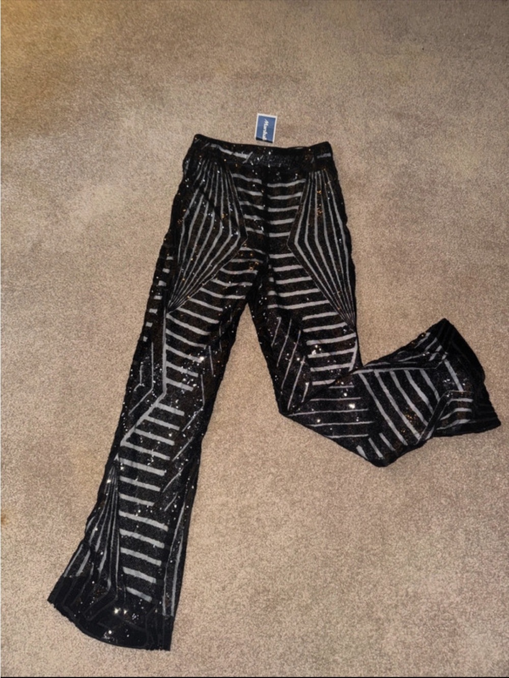 Women's Black Sequin Geometric Wide-Leg Pants